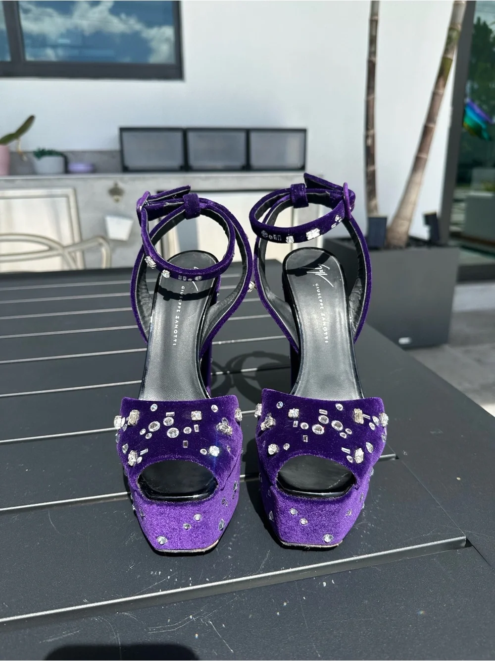 Giuseppe Zanotti Purple Velvet Crystal Dazzling Betty Platform Sandals 39